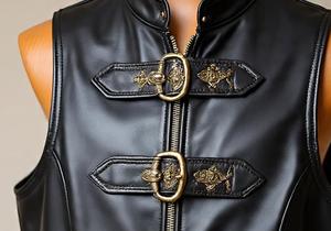 Men's <b>Black</b> Leather Buckle <b>Vest</b> Stand Collar Zipper Closure Outerwear - Product Image 3