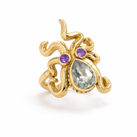 Bague en laiton motif pieuvre avec sertissage clos, topaze naturelle en forme de poire et pierres précieuses multiples, bijou féminin de créateur fait main, inspiration océan glamour