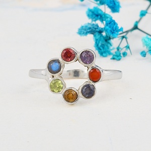 925 Sterling Silver Multi Gemstone Circle Flower Ring Handmade Bezel Set Rainbow Gemstone Ring for Women - Product Image 3