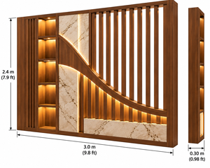 Paravent de séparation de pièce moderne en bois décoratif avec finition marbre, écran rétroéclairé LED, étagères et niches à lattes verticales - Product Image 4