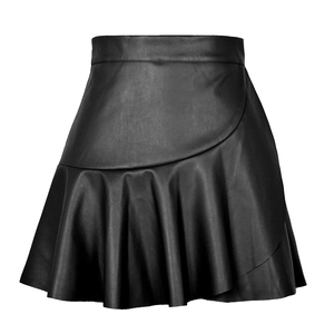 Women's High Waist <b>Faux</b> <b>Leather</b> Mini A-Line <b>Skirt</b> With <b>Pleated</b> Design Solid Color Shiny Style - Product Image 2