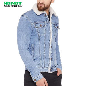 Veste en jean bleu clair pour homme, doublée en sherpa, chaude pour l'hiver, style décontracté streetwear, en coton, coupe ajustée - Product Image 1