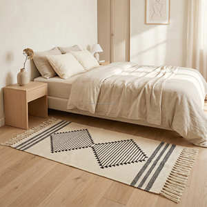 Scandinavian Handwoven Cotton Area Rug with Neutral Stripe Pattern for Living Room & Minimalist Interiors - Product Image 3