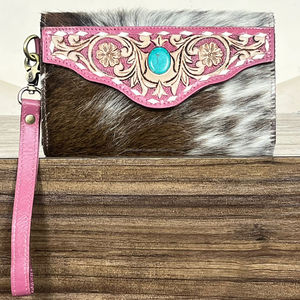 New 2026 Trending Designer <b>Bag</b> Tooled Cowhide Leather Wristlet Clutch Western Floral Wallet Turquoise Concho Hair On Hide Purses - Product Image 5