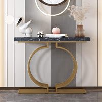Mesa Consola Moderna Convertible de Metal con Tapa de Piedra y Base Dorada de 40 Pulgadas, Geométrica, para Entrada, Sala de Estar, Estrecha, Larga, Contemporánea