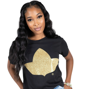Camiseta Negra AKA Ivy para Mujer, con Gráfico de Hoja de Hiedra con Brillantina Dorada, Manga Corta, Cuello Redondo, Informal, a la Moda, Suave y Cómoda para Uso Diario - Product Image 1