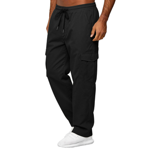 Pantalones Deportivos Cargo Negros para Hombre, Cintura Elástica con Cordón, Múltiples Bolsillos, Corte Recto Informal, Tela de Poliéster, Ropa de Otoño - Product Image 3