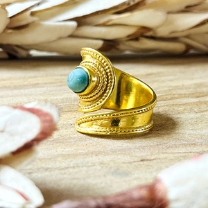 Bague ovale en turquoise naturelle, style tribal, avec bande en laiton plaqué or 18 carats, pour femme, style bohème antique, bouclier vintage, vente chaude - Product Image 2