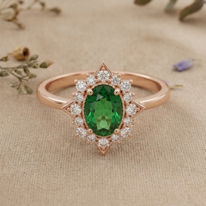 Vintage Green Oval Gemstone Halo <b>Ring</b> for Women Rose Gold Moissanite Engagement Wedding <b>Ring</b> - Product Image 1