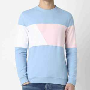 เสื้อสเวตเชิ้ตคอกลมบล็อกสีสำหรับผู้ชาย ทรงปกติ แขนยาว ถักทอ สไตล์ลำลองสำหรับฤดูใบไม้ร่วง สีฟ้า ชมพู ขาว - Product Image 1