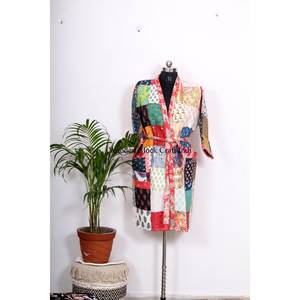 Albornoz de Verano al por Mayor, Kimono Kantha Acolchado de Seda Cosido a Mano con Cinturón, Estilo Boho Hippie Floral, Unisex, Ropa de Dormir para Mujer, Cuello en V - Product Image 3