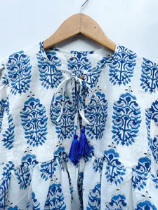 Vestido Mini Casual de Verano para Mujer, Estilo Boho, de Algodón, con Estampado Floral a Mano, Mangas Abullonadas, Corte Holgado, Detalle de Lazo en el Cuello - Product Image 5