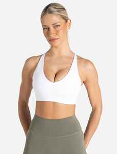 Sujetador deportivo sin costuras con cuello en V profundo y espalda cruzada para mujer, soporte medio, yoga, color liso, tela elástica - Product Image 5