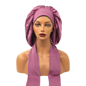 Bonnet de nuit en satin élastique pour femme avec long ruban, pour le soin des cheveux, turban de douche - Product Image 1