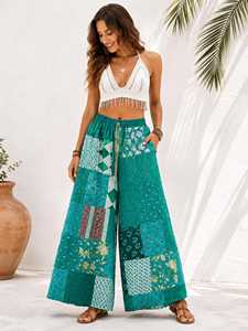 Bohemian Style Yellow Patchwork Cotton <b>Harem</b> Pants Women Full Length Regular Fit High Elastic Waist Wide Leg Breathable Pants - Product Image 3