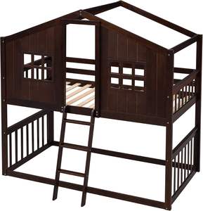 Lit superposé double en bois style espresso, traditionnel, durable, écologique, avec échelle et barrière de sécurité, pour salon, chambre, hôtels, salle à manger - Product Image 1