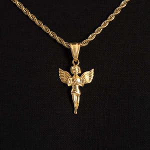 Gold Guardian <b>Angel</b> Pendant Necklace | Polished Cherub <b>Angel</b> <b>Charm</b> | Stainless Steel Religious Jewelry - Product Image 3