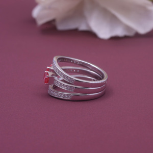 Bague triple bande en argent sterling 925 massif avec diamant rose fantaisie cultivé en laboratoire certifié IGI, taille émeraude, bague statement - Product Image 4