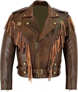 Men's Brown Leather Biker <b>Jacket</b> <b>Fringe</b> Tassel Decor Zipper Closure Turn-down Collar Regular Fit Quick Dry Breathable Winter - Product Image 1