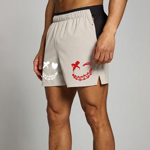 Short gris pour hommes avec imprimé visage souriant rouge et blanc, taille élastique, séchage rapide, style décontracté - Product Image 1