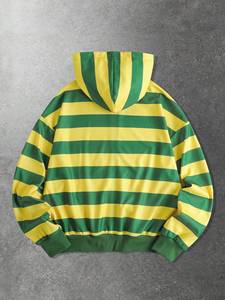 Sudadera con capucha unisex verde y amarilla a rayas, corte holgado, con cremallera, de punto casual, 450 GSM, poliéster, top corto, marca privada - Product Image 3