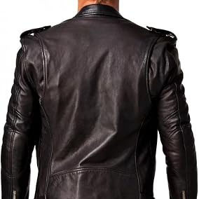 Blouson de motard en cuir véritable pour homme, style vintage vieilli, avec patchwork gaufré, fermeture éclair, col montant, coupe ajustée - Product Image 6