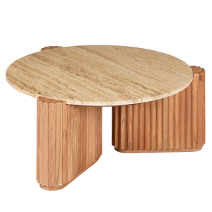 ฐานไม้สักอะคาเซียทรงกลมพร้อมท็อปหินอ่อนทรงกลม โต๊ะกาแฟโซฟาห้องนั่งเล่นสไตล์โมเดิร์นหรูหรา - Product Image 3