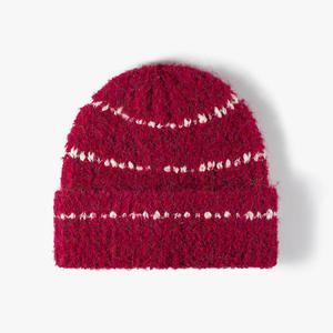 Red Knitted Beanie <b>Hat</b> with White Striped Pattern Unisex Adult Winter <b>Hat</b> Casual Style Handmade Acrylic <b>Warm</b> Cap 56-58CM - Product Image 1