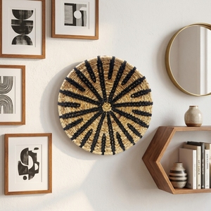 Cesta de pared de macramé de corteza de plátano natural, bandeja redonda poco profunda con diseño de estrella radial y sol negro, decoración de habitación de arte puro, cesto de artesanía boho - Product Image 6