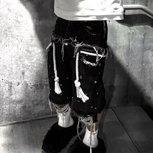 OEM Black Distressed Denim Shorts Rope Detail Rhinestone Streetwear Shorts rhinestone oversized 2026 - Product Image 3