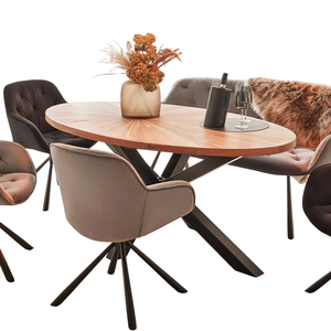 Table de salle à manger moderne en bois d'acacia de haute qualité, design industriel, plateau ovale à rayures, pieds en métal araignée - Product Image 2