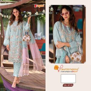 Elegante conjunto de 3 piezas Eid Shalwar Kameez () Top bordado de organza y Dupatta con fondo de viscosa para fiestas - Product Image 3