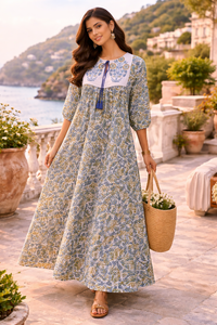 Floral Hand Block Print Long Dress Contrast Butta Yog Puffy Sleeves Cotton Maxi Gown Women Casual Handmade Professional Outfit - Product Image 6