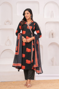 Ensemble de salwar kameez en coton imprimé ethnique noir pour femmes avec un dupatta élégant de créateur, style traditionnel indien pakistanais, kurta et pantalon - Product Image 2