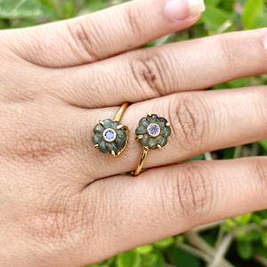 Designer gemstone gold plated <b>ring</b> natural labradorite hand carved double gemstone <b>adjustable</b> <b>rings</b> with tiny purple cz accent - Product Image 2
