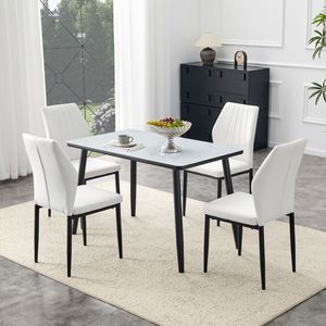 Tavolo da Pranzo Moderno Bianco con Effetto Marmo, Piano in Vetro, Base Inferiore in MDF Nero e Gambe in Metallo Nero, Set Tavolo e Sedie - Product Image 4
