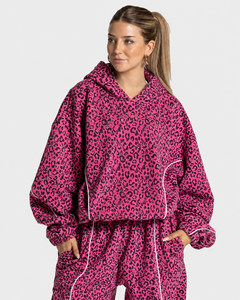 Sweat à capuche doux pour femme, imprimé léopard rose, saison hiver, avec détails contrastants, style streetwear, tendance - Product Image 1