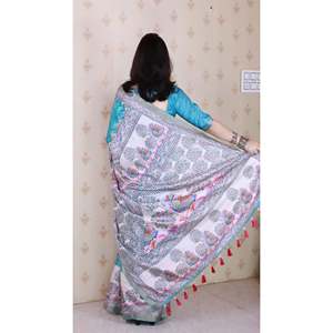 Sari en soie Tussar bleu turquoise Elite Weaves, imprimé Madhubani Fusion, avec motif floral et bordure tissée Zari, style ethnique - Product Image 4