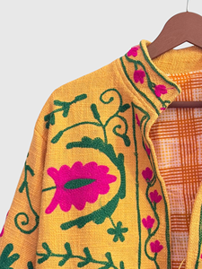Yellow Zippers Embroidered Floral Velvet Quilted Jacket Full Sleeve Mandarin Collar Bohemian Women'<b>s</b> Spring Wear - Product Image 3