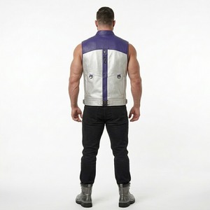 <b>Men's</b> Purple Grey Color Block Synthetic Leather Biker Vest Stand Collar Adjustable <b>Belt</b> Waist - Product Image 5
