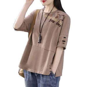 T-shirts pour femmes avec logo personnalisé écologique Biowashed 100% coton épais tricoté en gros vierge imprimé à col rond - Product Image 6