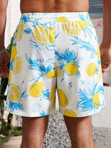 Shorts de Playa para Hombre con Estampado de Limones, Cintura con Cordón, Bolsillos, Secado Rápido, Traje de Baño con Patrón Blanco, Azul y Amarillo - Product Image 2