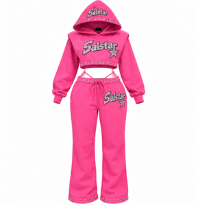 Women’s Custom <b>Rhinestone</b> Hooded <b>Crop</b> <b>Top</b> & Wide Leg Pants 2 Piece Pink Tracksuit Set Wholesale Fashion Sportswear - Product Image 2