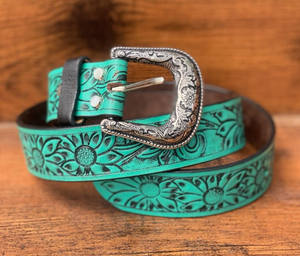 Nuevo hecho a mano con estilo turquesa cuero mecanizado a mano cinturones occidentales personalizado cuero genuino diseño Floral cinturones Unisex - Product Image 2