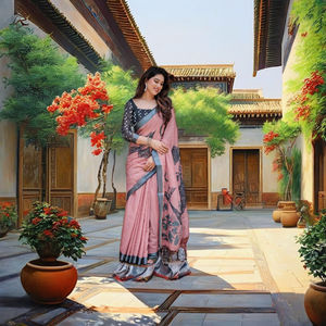 Sari Moderno con Estampado de Retrato, Algodón Suave, Blusa en Contraste, Ropa Étnica India para Mujer, Rosa Pastel, Gris Carbón, Diseño Antiarrugas - Product Image 1