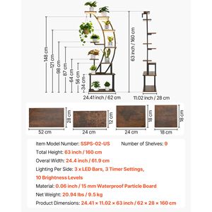 Support de plantes d'intérieur de 1,80 m de hauteur avec étagère lumineuse à 9 niveaux, support métallique d'angle pour plantes, 3 minuteurs, 10 niveaux de luminosité, 3000K CCT, lampes de croissance végétale - Product Image 5