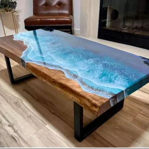 Table à manger moderne en résine époxy bleu océan, table en bois et résine faite à la main, mobilier de salle à manger de luxe en résine époxy, table en résine sur mesure - Product Image 1