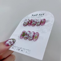 Kuku Palsu Buatan Tangan Grosir 3D Ukiran Bunga Putih Pink Cat Eye Kuku Palsu Dapat Digunakan Kembali Full Cover Seni Kuku Buatan OEM
