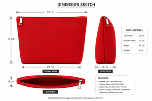 Red Jute Cosmetic Bag with Zipper Closure <b>Small</b> Size Light <b>Weight</b> Foldable Portable Vintage Style Makeup Storage - Product Image 2