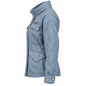 Chaqueta de Campo de Piel de Cordero Genuina Azul Polvoriento para Mujer, Abrigo Utilitario Ligero de Cuero con Cuello a Presión, Forro Acolchado y Cintura Ajustable - Product Image 4
